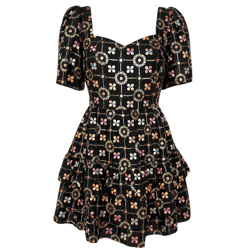 Arose Studio Black Floral Embroidered Puff Sleeve Mini Dress Sample S NWT